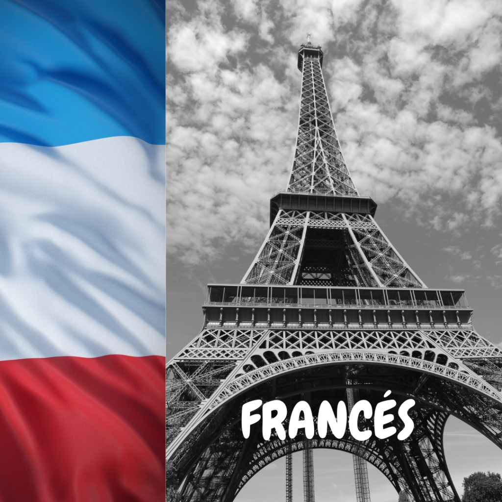 Bandera francesa (bleu, blanc, rouge). Tour Eiffel. Francés. Clases de francés para todos.
